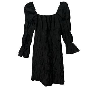 Ghospell Black Crinkle Puff Sleeve Mini Dress Women’s S Square Neck Tie Back